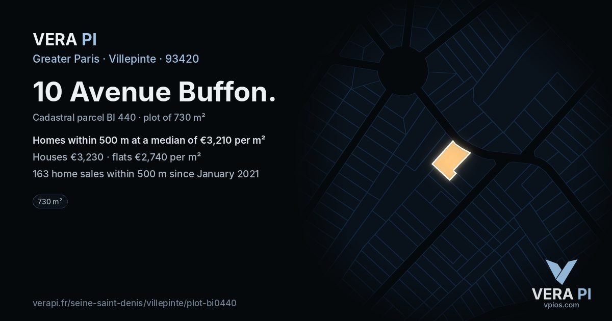 10 Avenue Buffon, Villepinte at night – the plot lit, the parcels around coloured by the prices near them