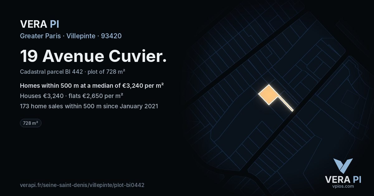 19 Avenue Cuvier, Villepinte at night – the plot lit, the parcels around coloured by the prices near them