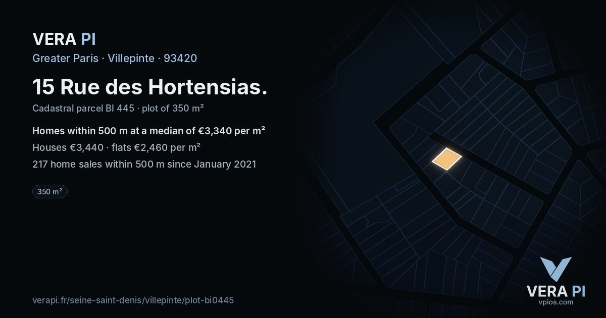 15 Rue des Hortensias, Villepinte at night – the plot lit, the parcels around coloured by the prices near them