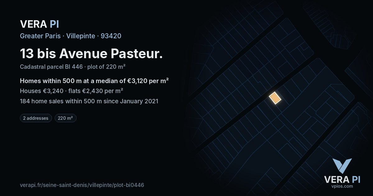 13 bis Avenue Pasteur, Villepinte at night – the plot lit, the parcels around coloured by the prices near them