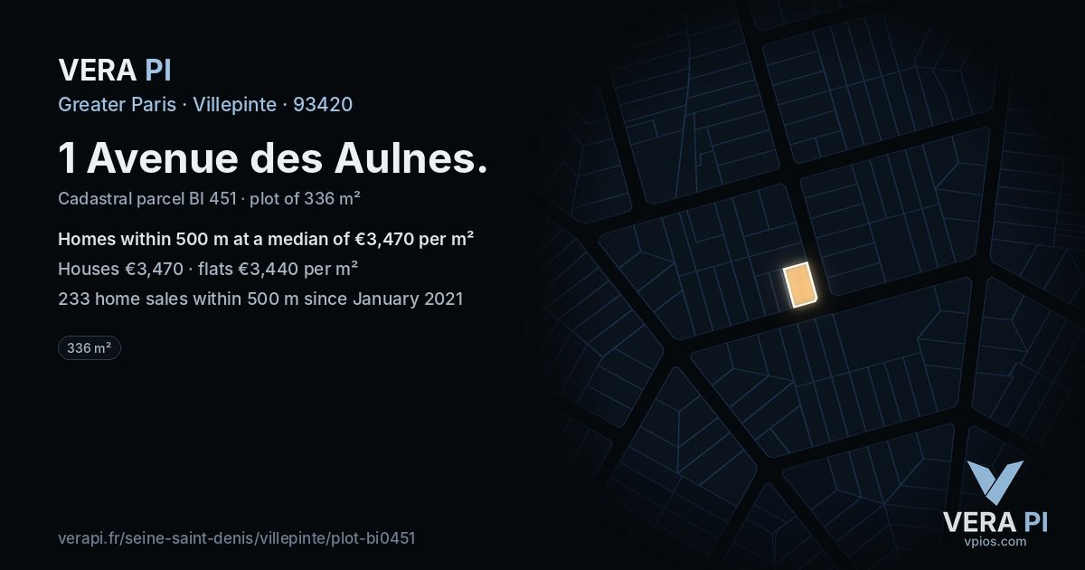 1 Avenue des Aulnes, Villepinte at night – the plot lit, the parcels around coloured by the prices near them