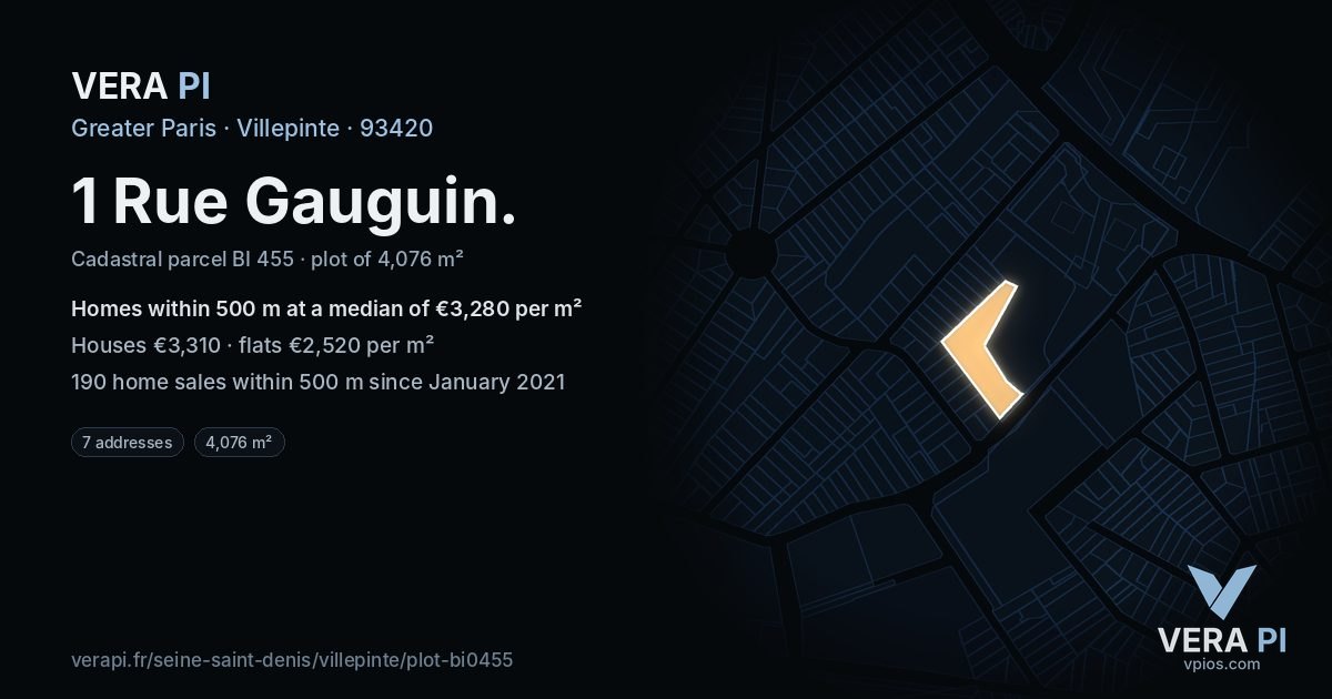1 Rue Gauguin, Villepinte at night – the plot lit, the parcels around coloured by the prices near them