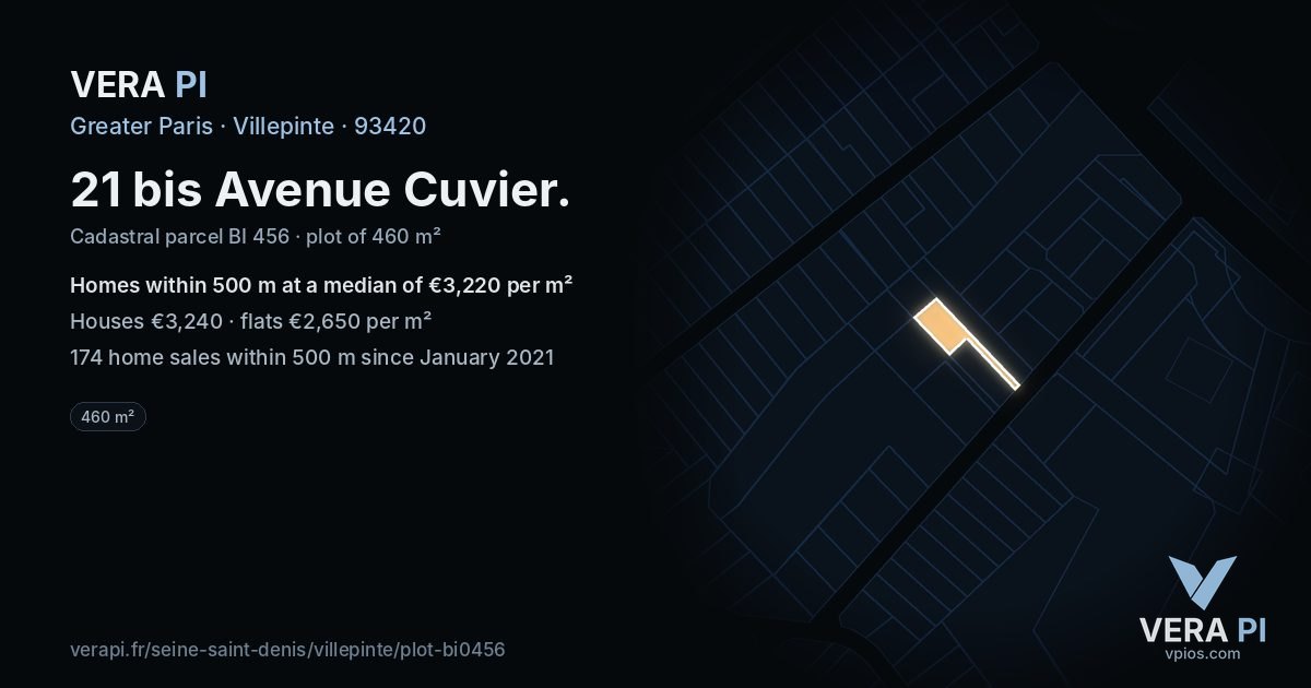 21 bis Avenue Cuvier, Villepinte at night – the plot lit, the parcels around coloured by the prices near them
