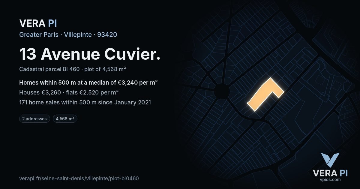 13 Avenue Cuvier, Villepinte at night – the plot lit, the parcels around coloured by the prices near them
