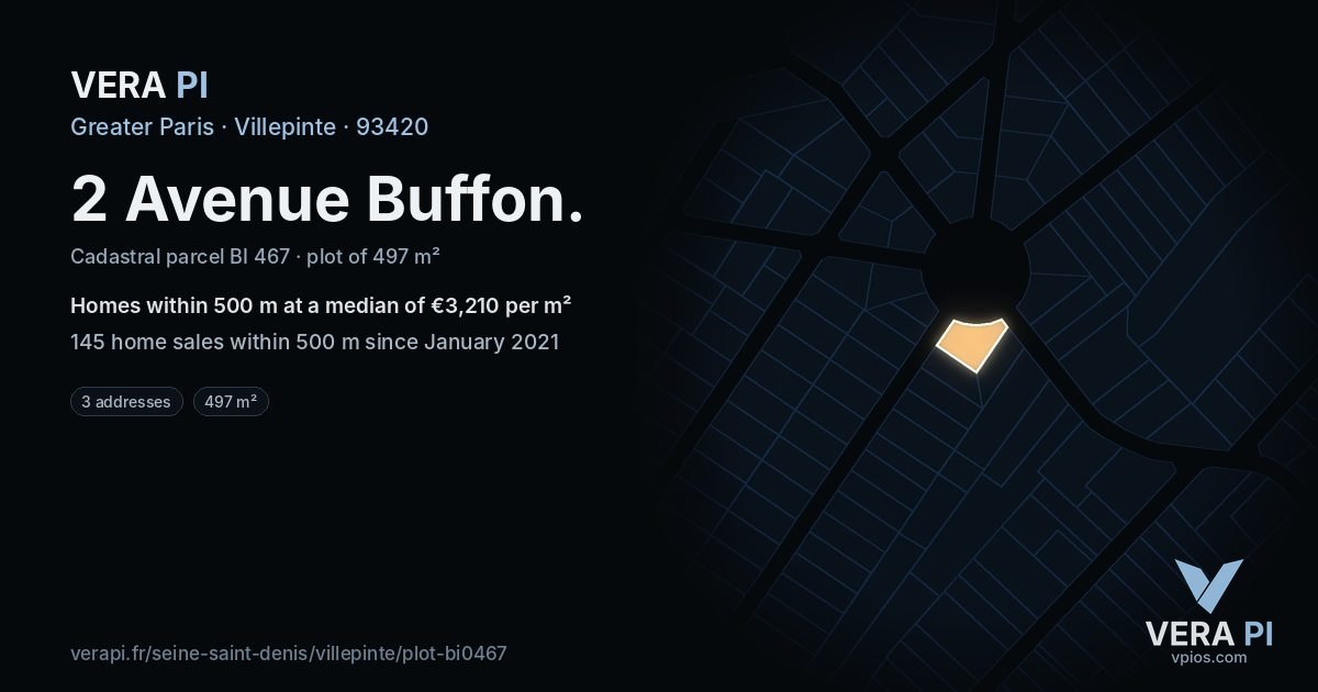 2 Avenue Buffon, Villepinte at night – the plot lit, the parcels around coloured by the prices near them