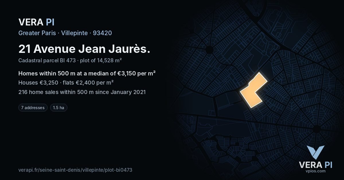 21 Avenue Jean Jaurès, Villepinte at night – the plot lit, the parcels around coloured by the prices near them