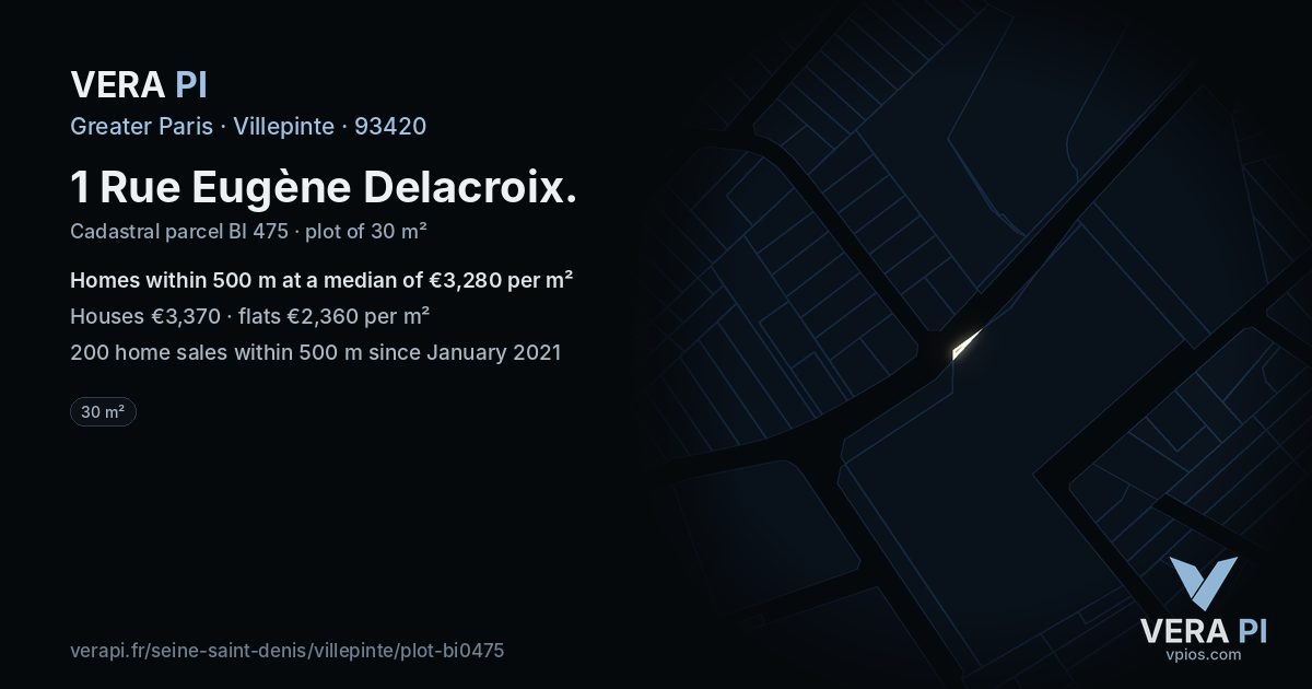 1 Rue Eugène Delacroix, Villepinte at night – the plot lit, the parcels around coloured by the prices near them
