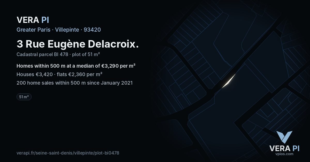 3 Rue Eugène Delacroix, Villepinte at night – the plot lit, the parcels around coloured by the prices near them