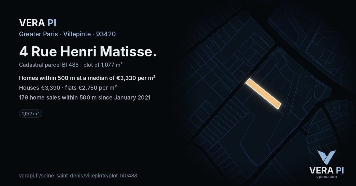 4 Rue Henri Matisse, Villepinte at night – the plot lit, the parcels around coloured by the prices near them