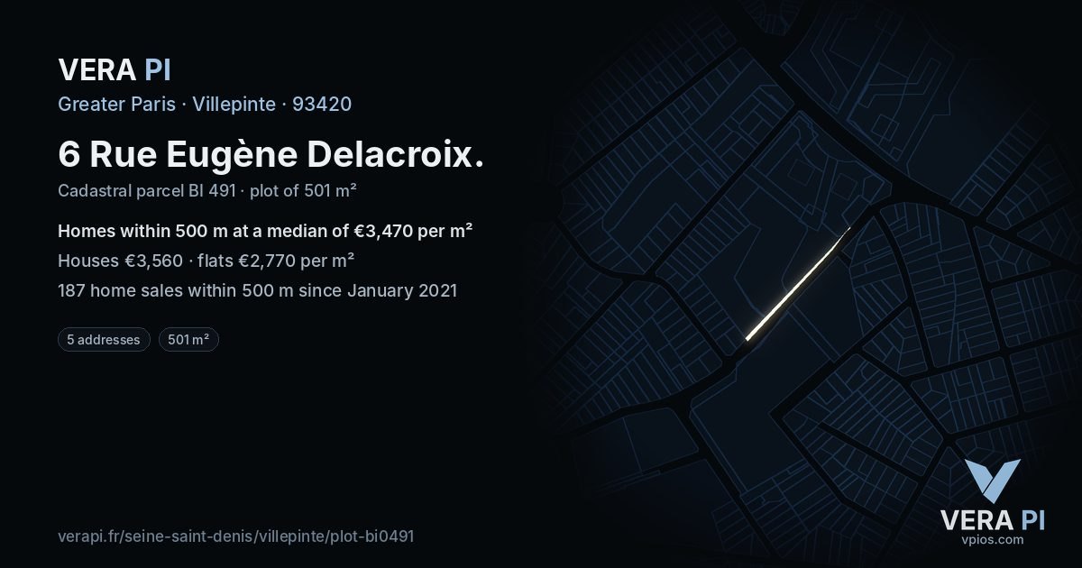 6 Rue Eugène Delacroix, Villepinte at night – the plot lit, the parcels around coloured by the prices near them