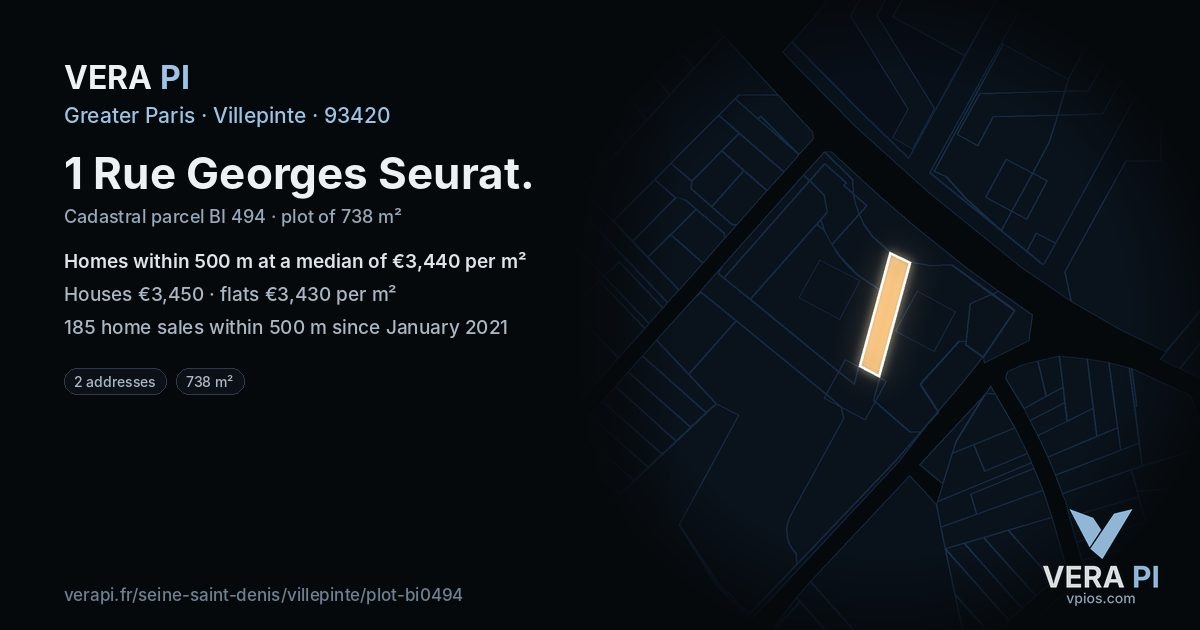 1 Rue Georges Seurat, Villepinte at night – the plot lit, the parcels around coloured by the prices near them
