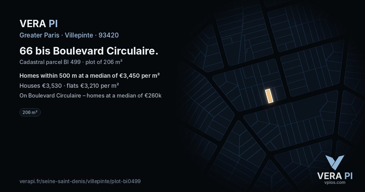 66 bis Boulevard Circulaire, Villepinte at night – the plot lit, the parcels around coloured by the prices near them