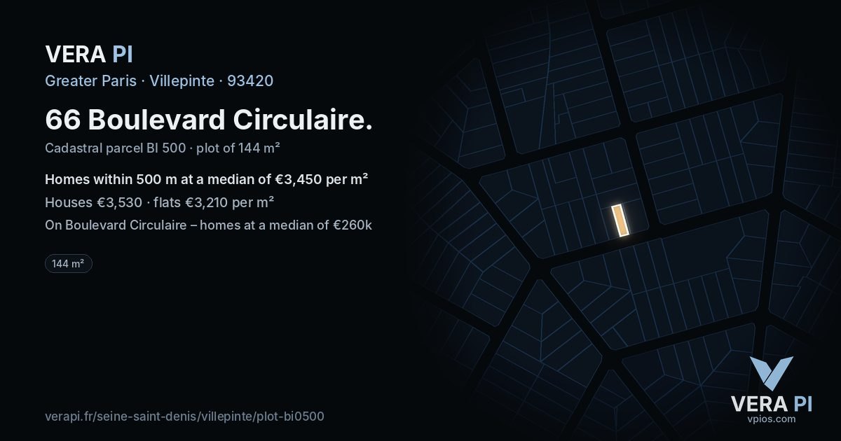 66 Boulevard Circulaire, Villepinte at night – the plot lit, the parcels around coloured by the prices near them
