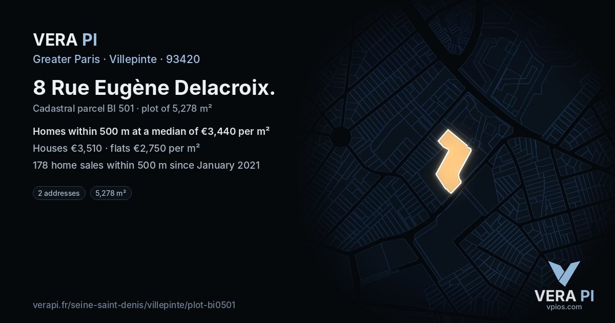 8 Rue Eugène Delacroix, Villepinte at night – the plot lit, the parcels around coloured by the prices near them
