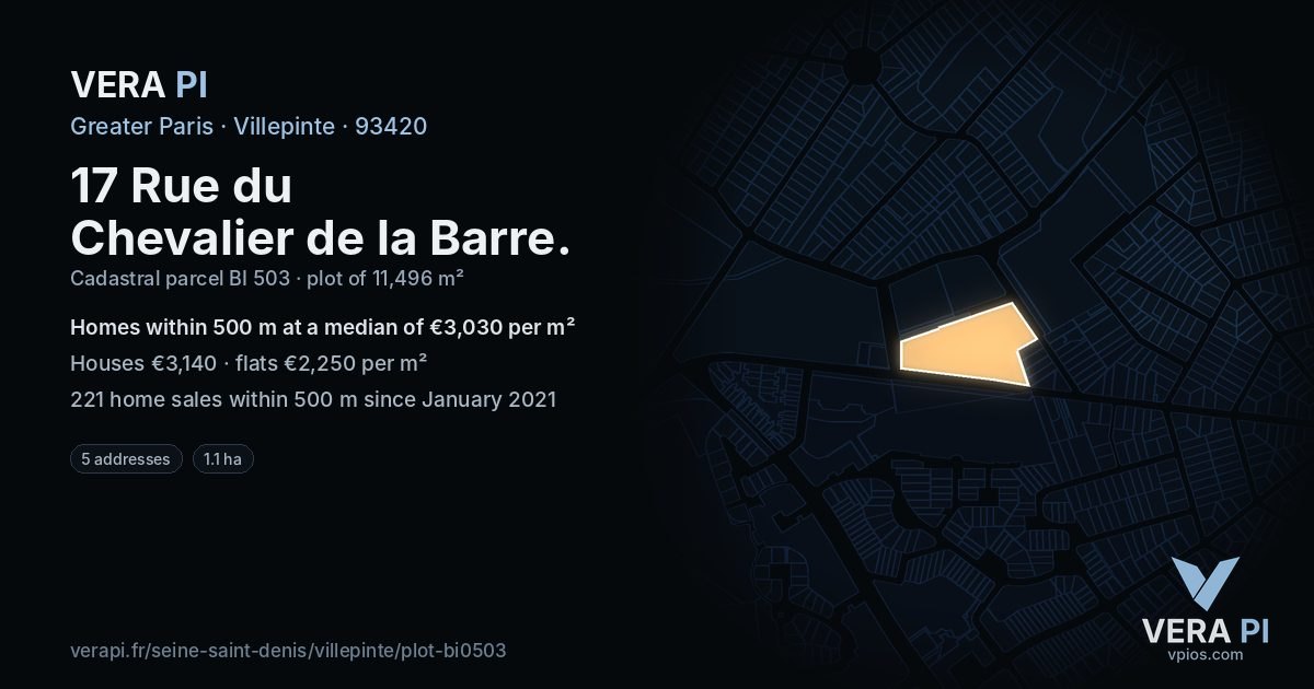 17 Rue du Chevalier de la Barre, Villepinte at night – the plot lit, the parcels around coloured by the prices near them