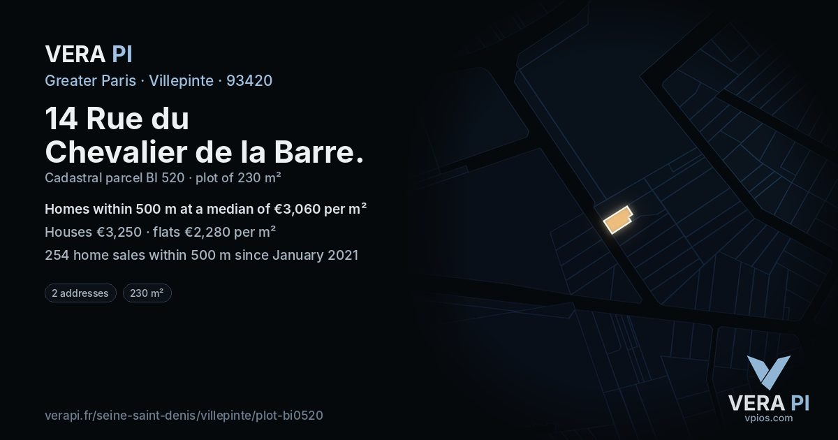 14 Rue du Chevalier de la Barre, Villepinte at night – the plot lit, the parcels around coloured by the prices near them