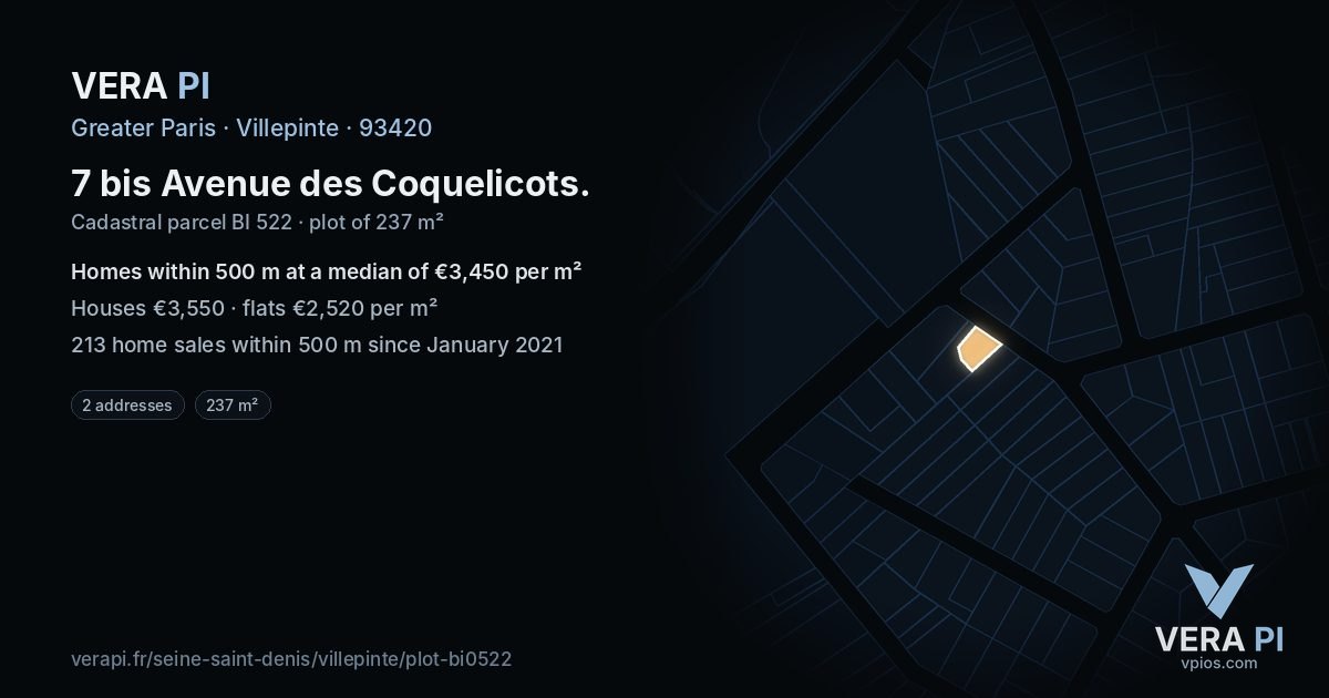 7 bis Avenue des Coquelicots, Villepinte at night – the plot lit, the parcels around coloured by the prices near them