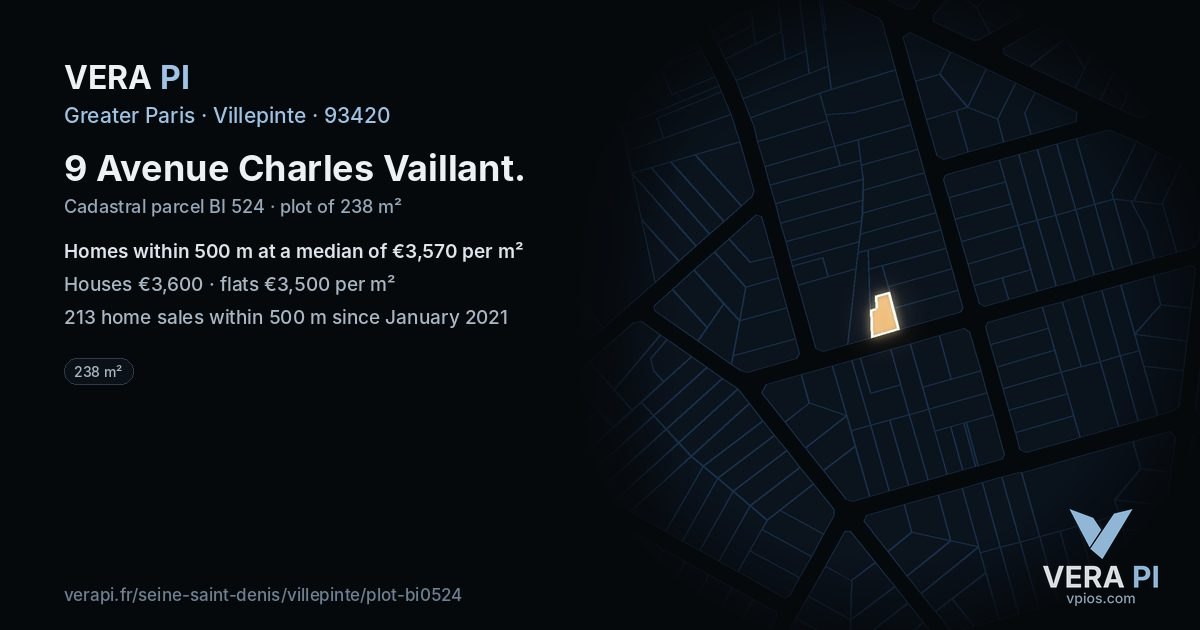 9 Avenue Charles Vaillant, Villepinte at night – the plot lit, the parcels around coloured by the prices near them