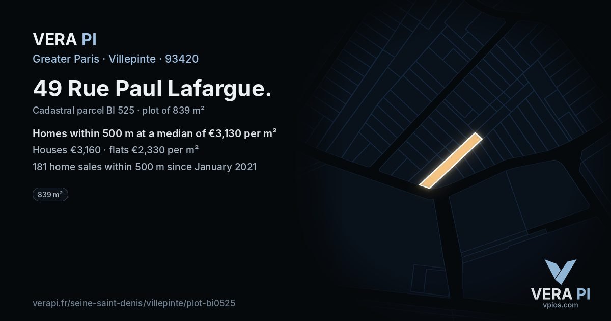 49 Rue Paul Lafargue, Villepinte at night – the plot lit, the parcels around coloured by the prices near them