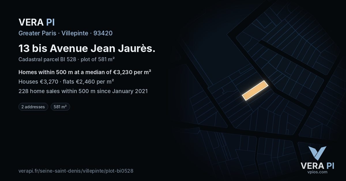13 bis Avenue Jean Jaurès, Villepinte at night – the plot lit, the parcels around coloured by the prices near them