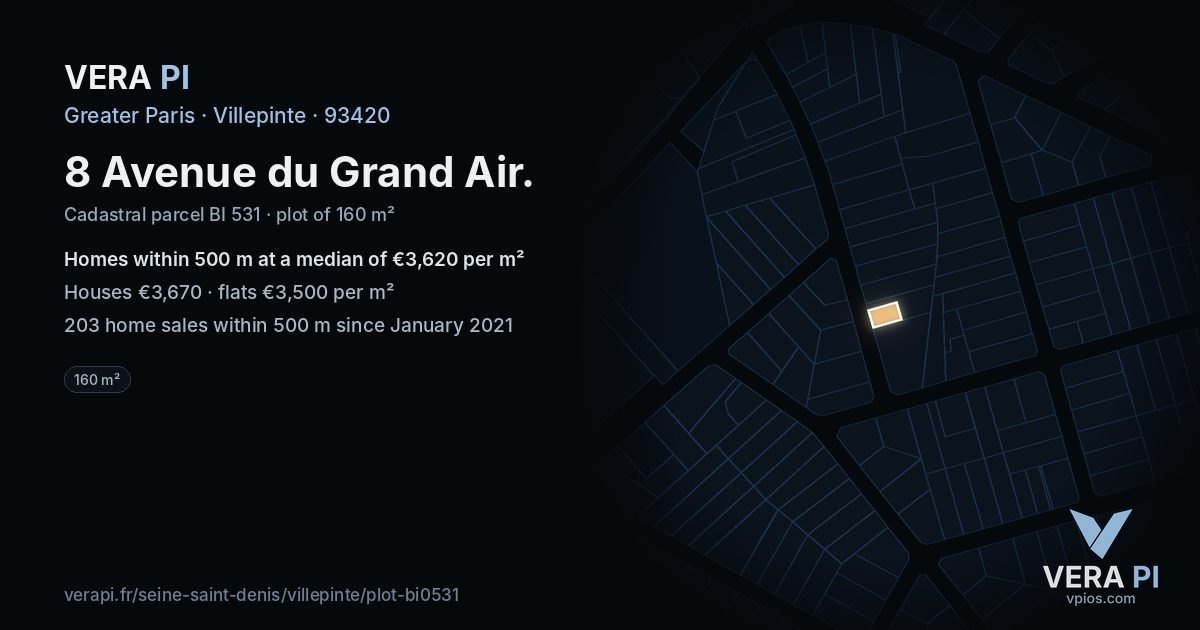 8 Avenue du Grand Air, Villepinte at night – the plot lit, the parcels around coloured by the prices near them