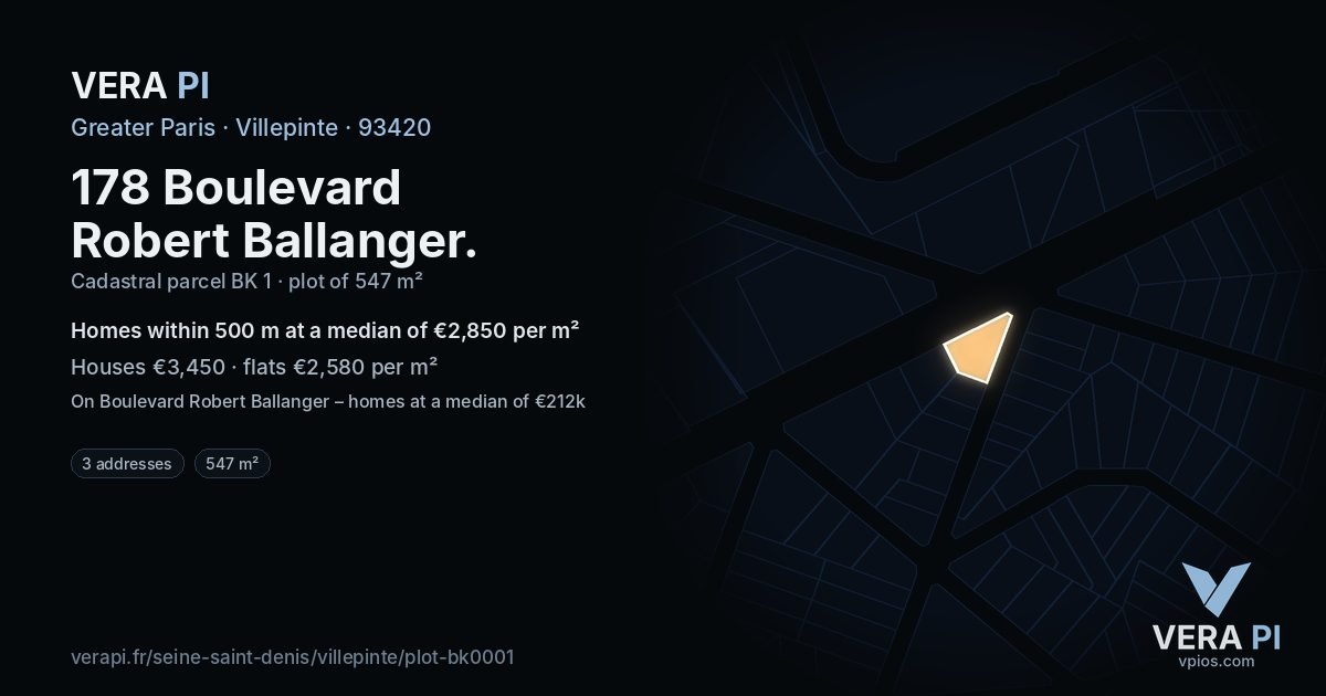 178 Boulevard Robert Ballanger, Villepinte at night – the plot lit, the parcels around coloured by the prices near them