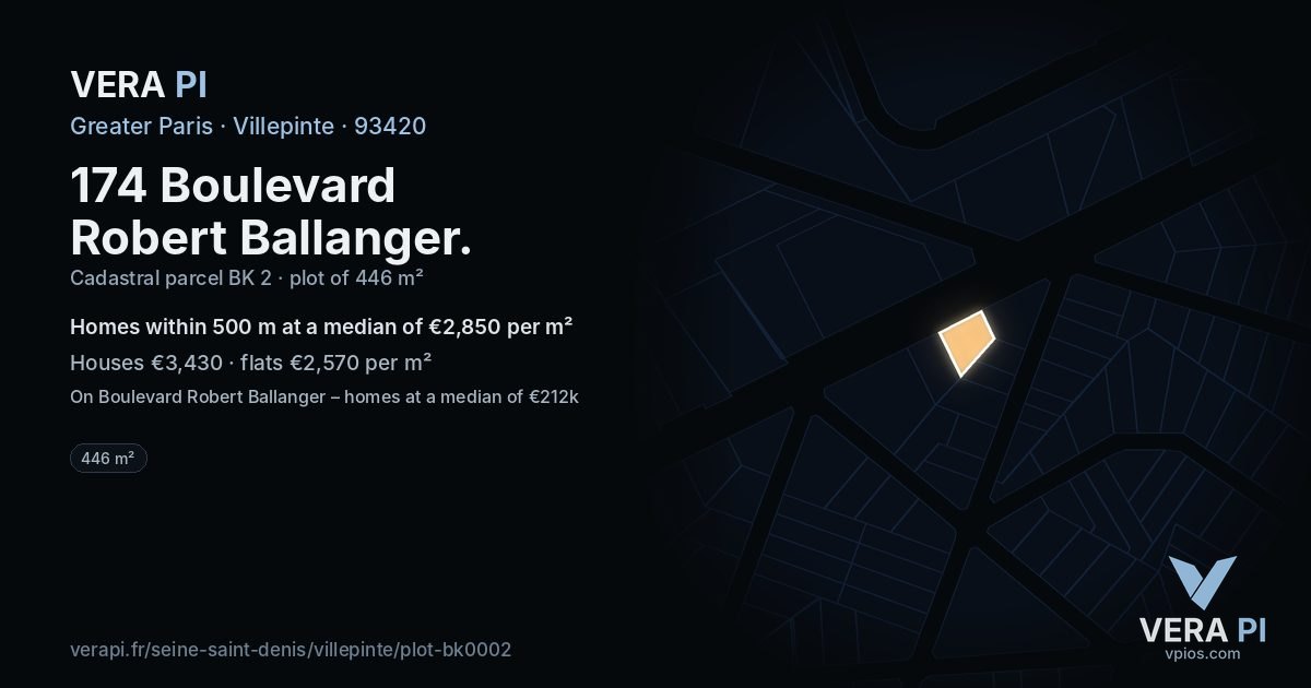 174 Boulevard Robert Ballanger, Villepinte at night – the plot lit, the parcels around coloured by the prices near them