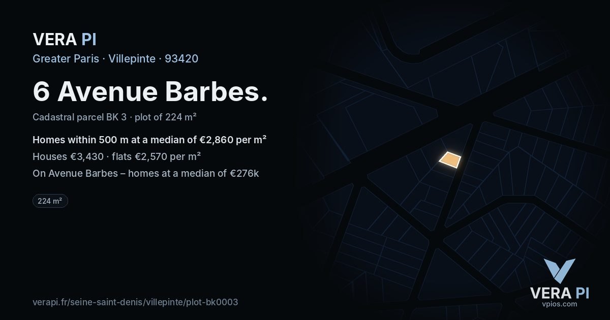 6 Avenue Barbes, Villepinte at night – the plot lit, the parcels around coloured by the prices near them