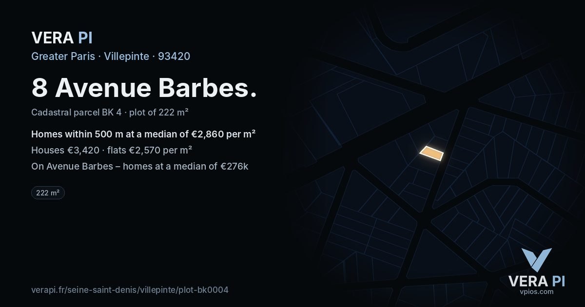 8 Avenue Barbes, Villepinte at night – the plot lit, the parcels around coloured by the prices near them