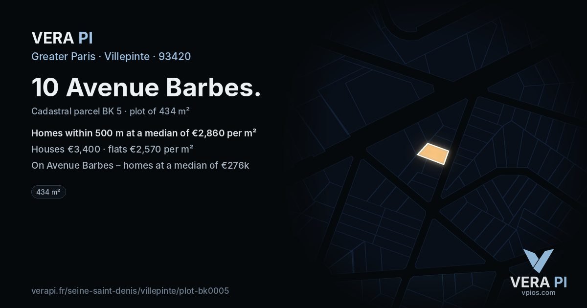 10 Avenue Barbes, Villepinte at night – the plot lit, the parcels around coloured by the prices near them