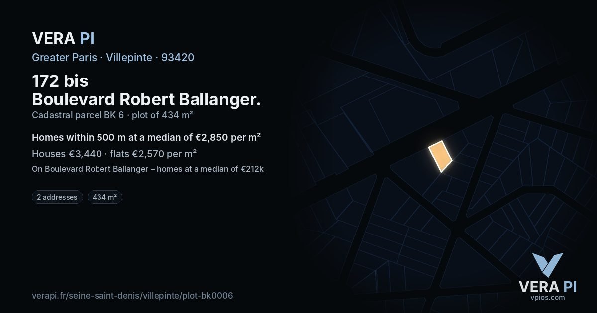 172 bis Boulevard Robert Ballanger, Villepinte at night – the plot lit, the parcels around coloured by the prices near them