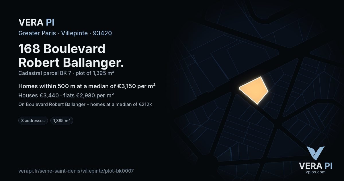 168 Boulevard Robert Ballanger, Villepinte at night – the plot lit, the parcels around coloured by the prices near them