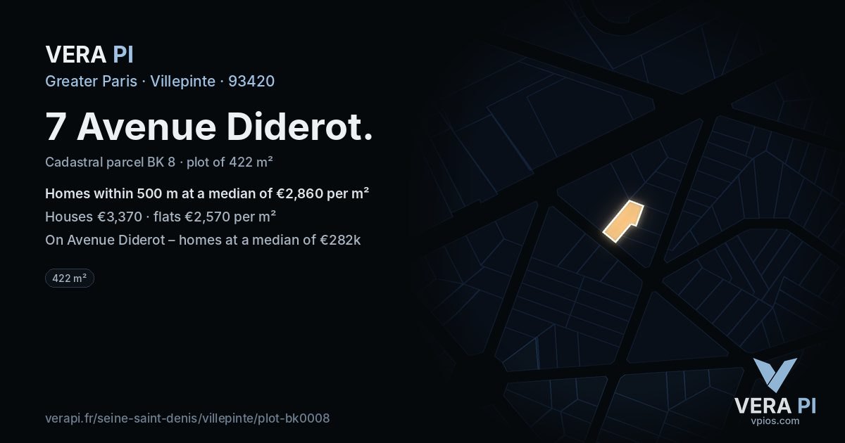 7 Avenue Diderot, Villepinte at night – the plot lit, the parcels around coloured by the prices near them