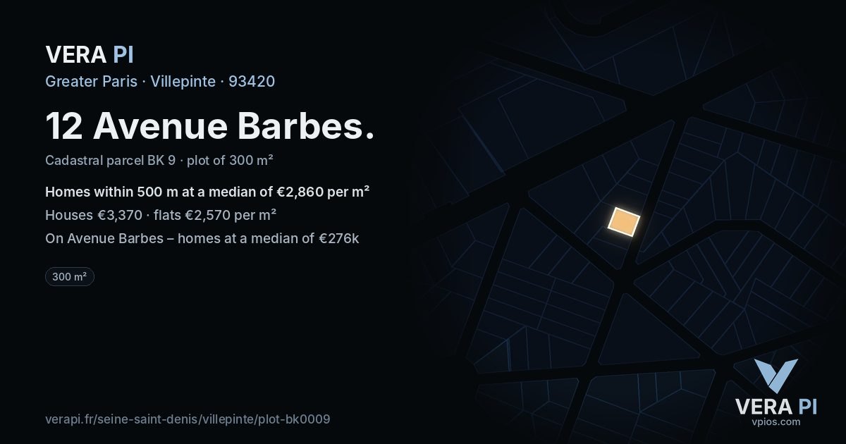 12 Avenue Barbes, Villepinte at night – the plot lit, the parcels around coloured by the prices near them