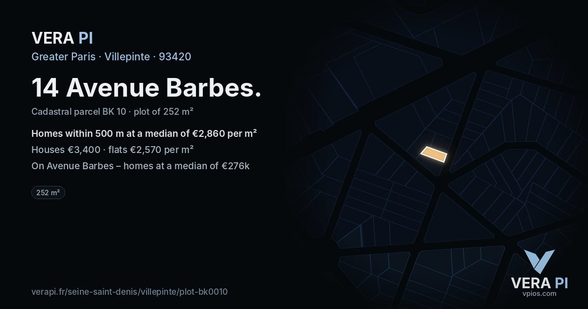 14 Avenue Barbes, Villepinte at night – the plot lit, the parcels around coloured by the prices near them