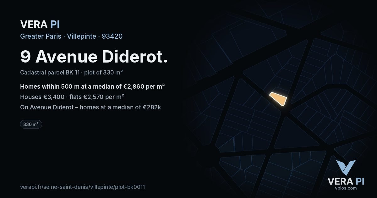 9 Avenue Diderot, Villepinte at night – the plot lit, the parcels around coloured by the prices near them