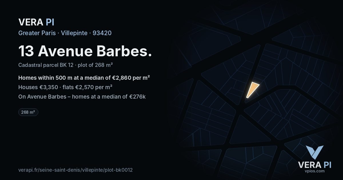 13 Avenue Barbes, Villepinte at night – the plot lit, the parcels around coloured by the prices near them
