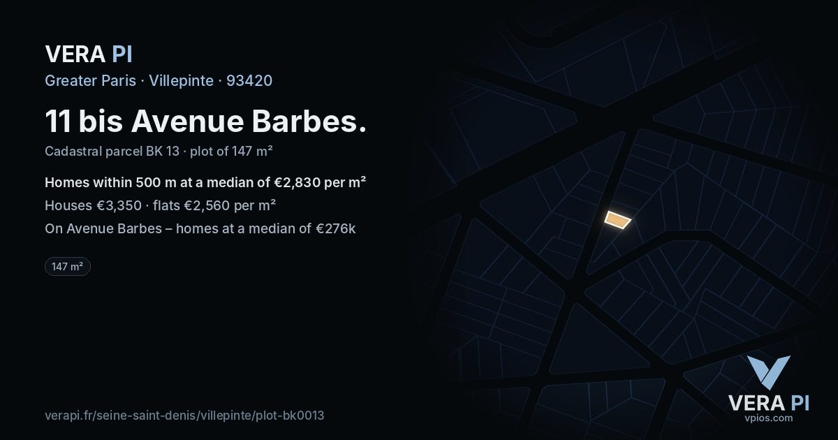 11 bis Avenue Barbes, Villepinte at night – the plot lit, the parcels around coloured by the prices near them