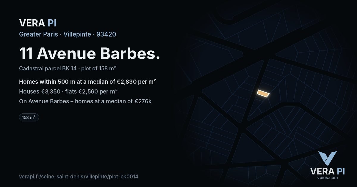 11 Avenue Barbes, Villepinte at night – the plot lit, the parcels around coloured by the prices near them