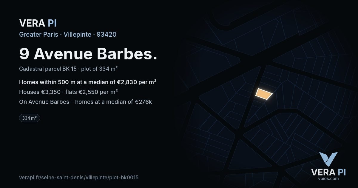 9 Avenue Barbes, Villepinte at night – the plot lit, the parcels around coloured by the prices near them