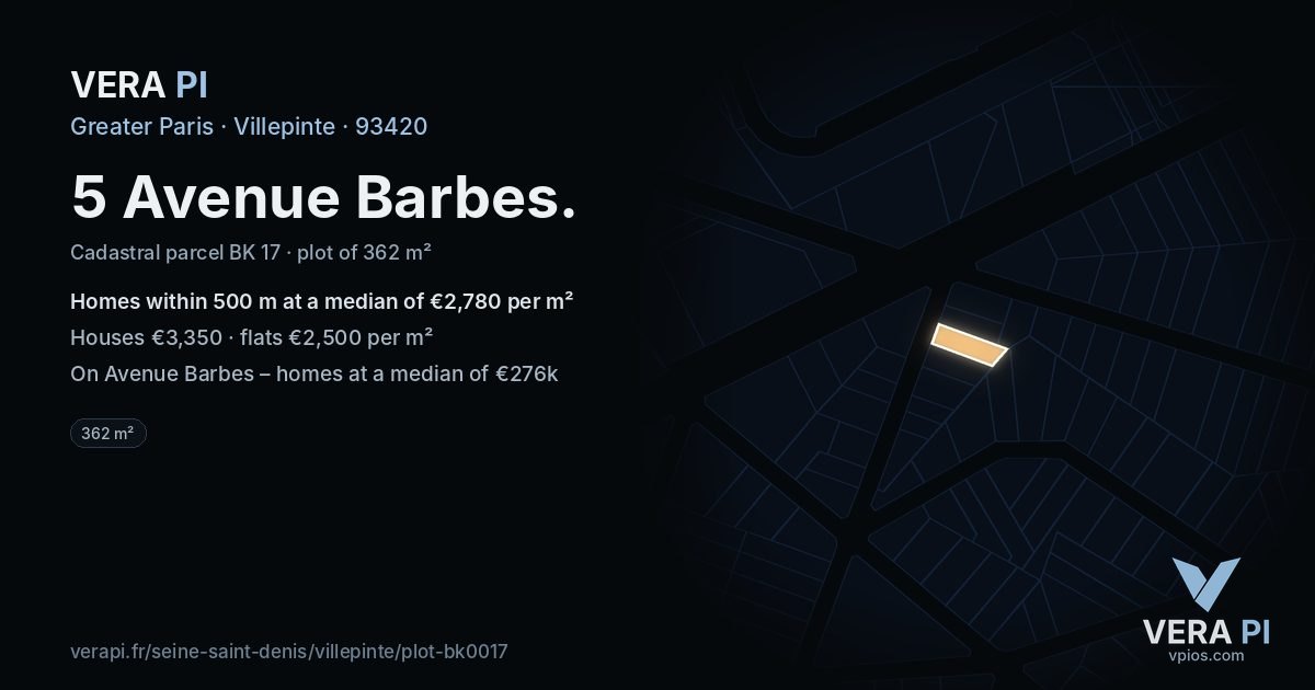 5 Avenue Barbes, Villepinte at night – the plot lit, the parcels around coloured by the prices near them