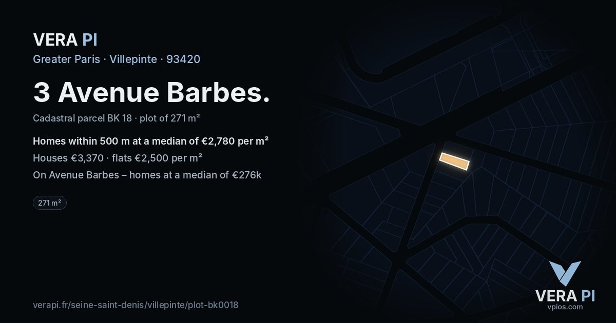 3 Avenue Barbes, Villepinte at night – the plot lit, the parcels around coloured by the prices near them