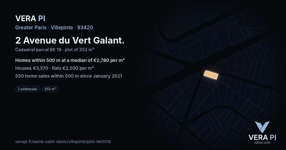 2 Avenue du Vert Galant, Villepinte at night – the plot lit, the parcels around coloured by the prices near them