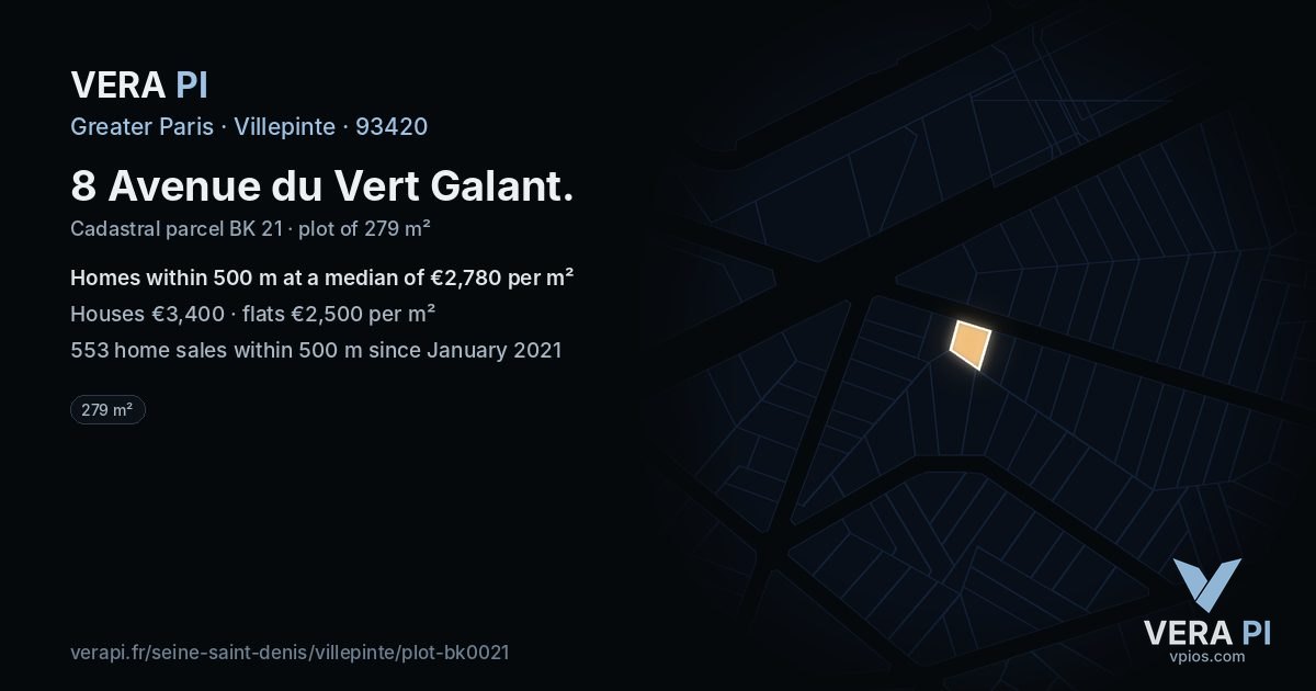 8 Avenue du Vert Galant, Villepinte at night – the plot lit, the parcels around coloured by the prices near them