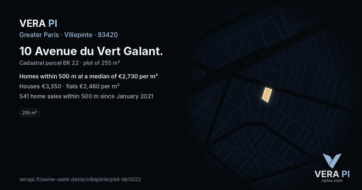 10 Avenue du Vert Galant, Villepinte at night – the plot lit, the parcels around coloured by the prices near them