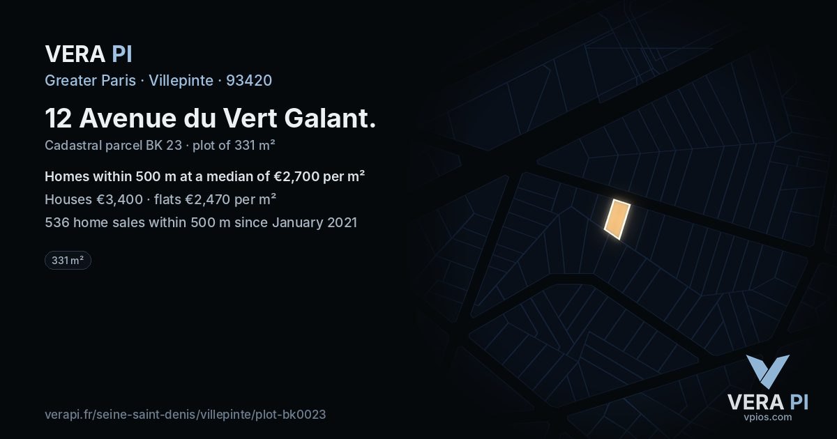 12 Avenue du Vert Galant, Villepinte at night – the plot lit, the parcels around coloured by the prices near them