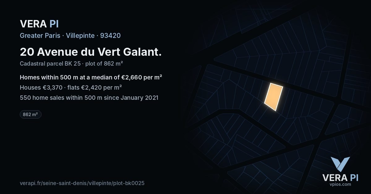 20 Avenue du Vert Galant, Villepinte at night – the plot lit, the parcels around coloured by the prices near them