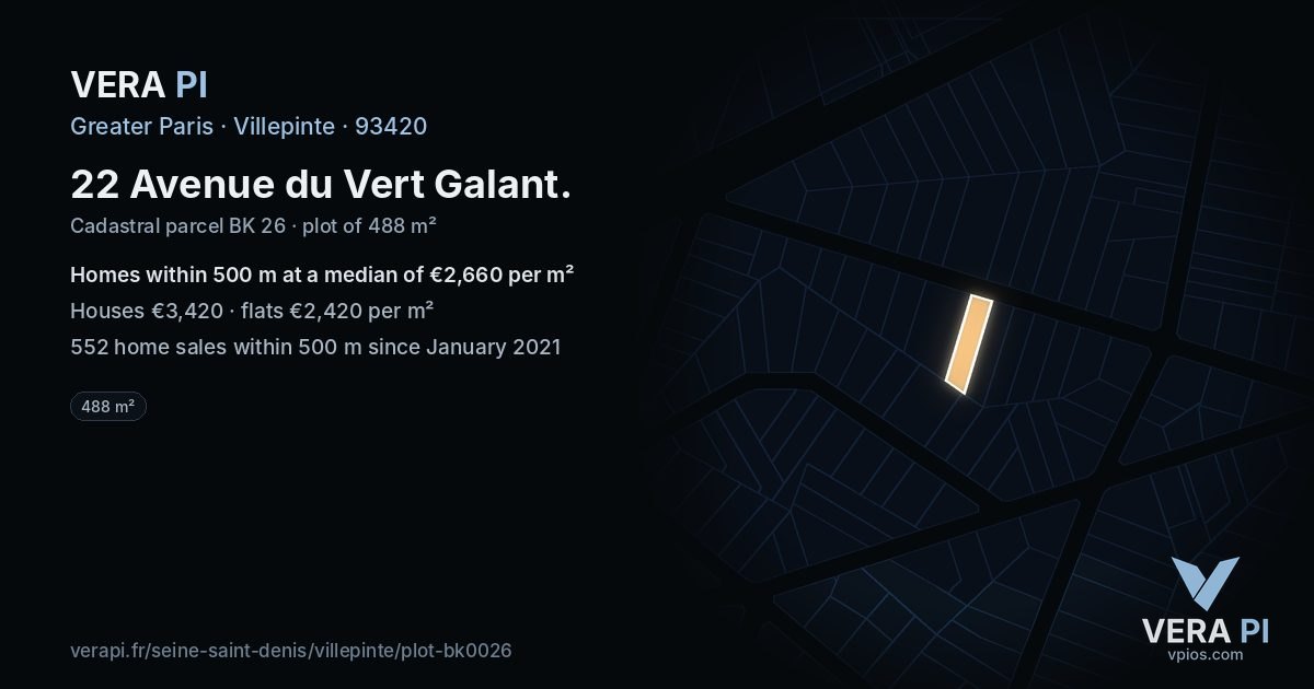 22 Avenue du Vert Galant, Villepinte at night – the plot lit, the parcels around coloured by the prices near them