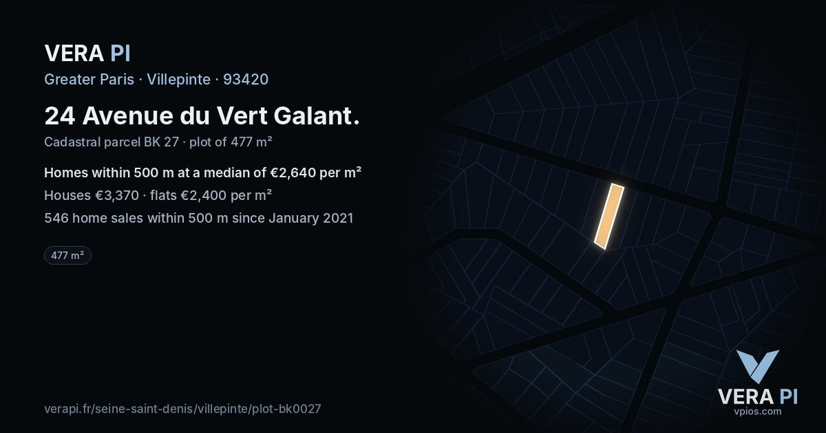 24 Avenue du Vert Galant, Villepinte at night – the plot lit, the parcels around coloured by the prices near them