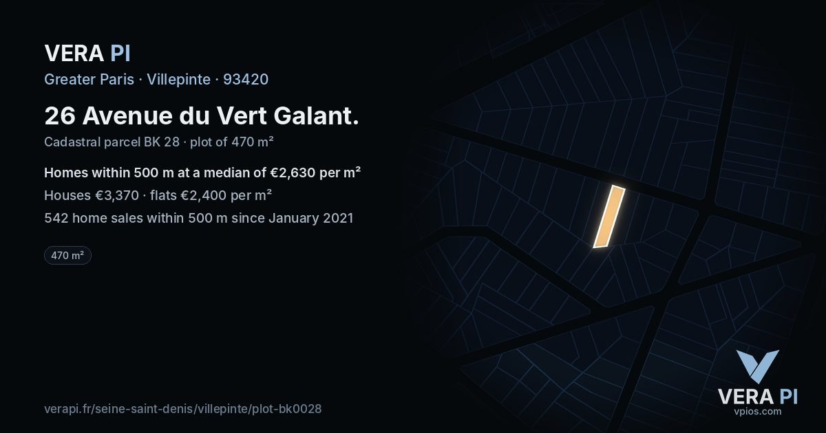 26 Avenue du Vert Galant, Villepinte at night – the plot lit, the parcels around coloured by the prices near them